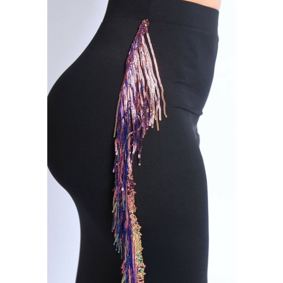 Womens Elastic High Waist Stretch Bodycon Sequins Fringe Maxi Pencil Party Skirt - Picture 2 of 8